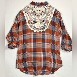 LINDA ANDERSON Cowgirl Core Orange/Blue Plaid Flannel with‎ Crochet Back Size S